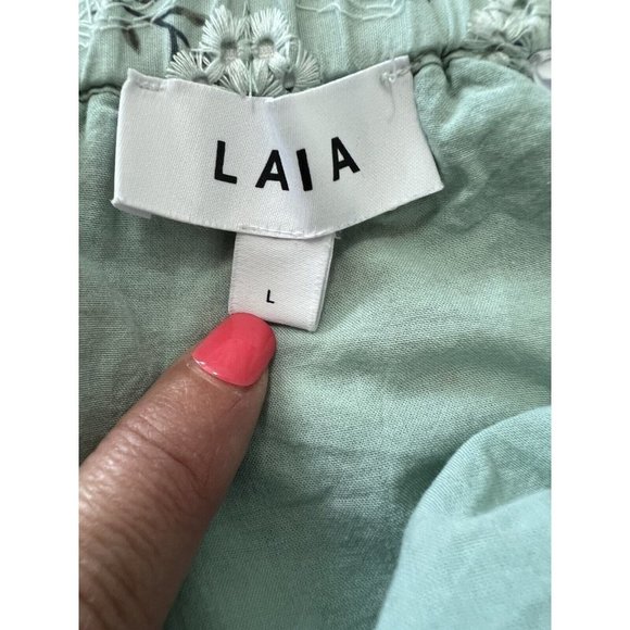 Anthropologie LAIA Off the Shoulder Green Floral Eyelet Blouse Large - Picture 4 of 7